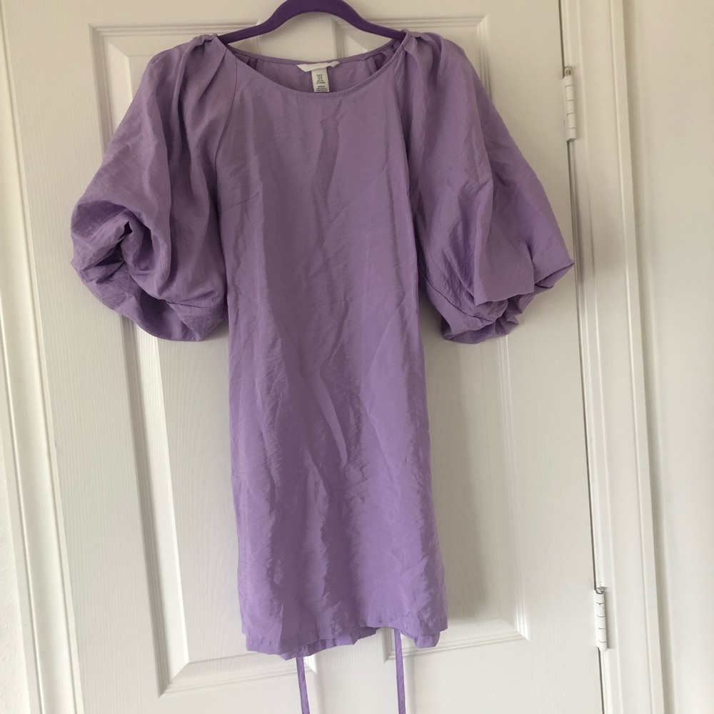 NWT H&M Lilac Balloon Sleeve Mini Dress XS | Cottagecore Waist Tie Babydoll